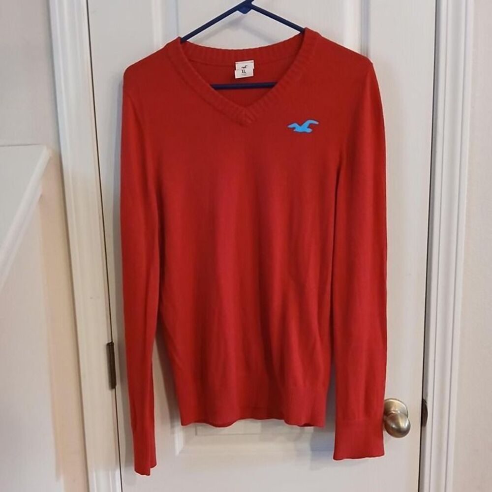 Hollister Co. Y2K Preppy Red V-neck Light Sweater Blue Bird Logo XL Academia